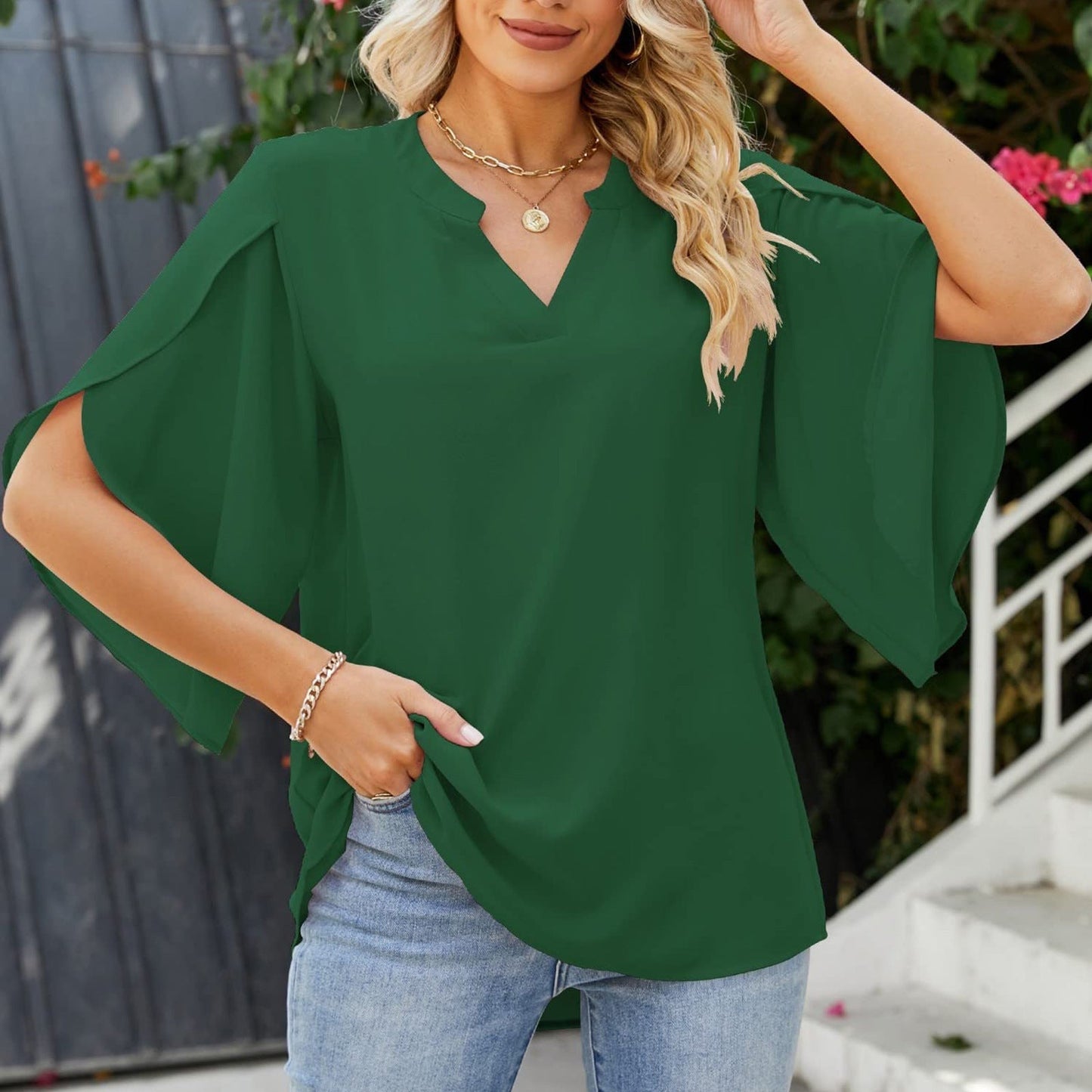 Aislinn - Blusa de verano de chiffon con escote en V
